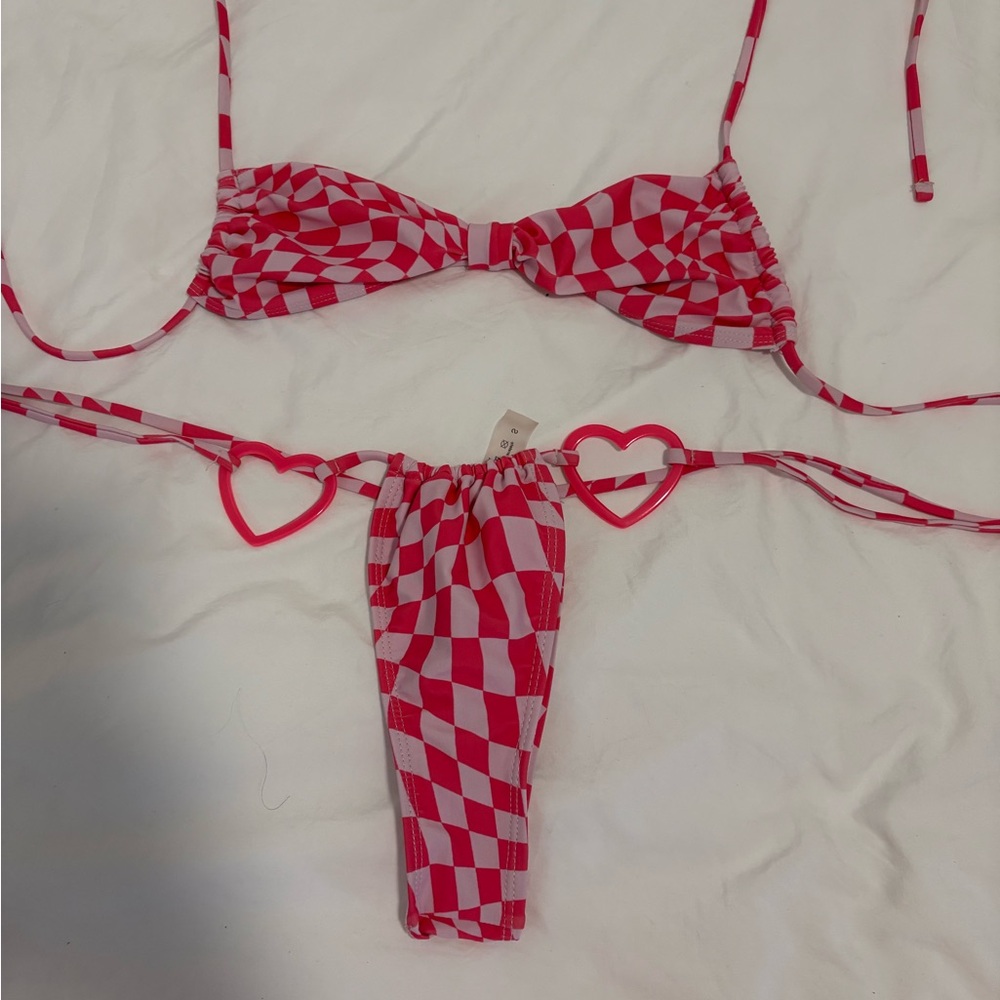 Red and White Checkered Bikini with Heart Accents